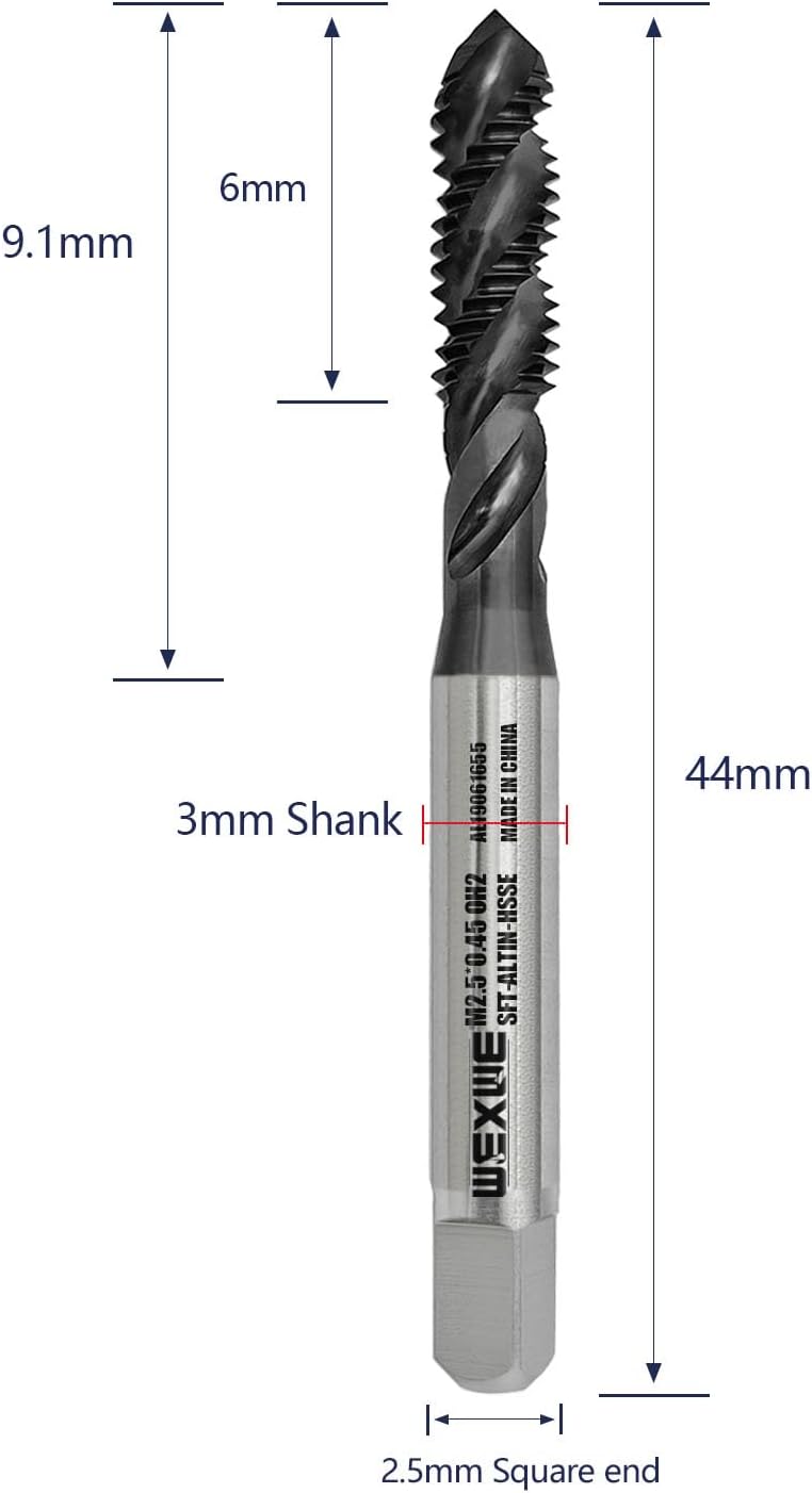 Tools M2.5 x 0.45 AlTiN Coating Spiral Flute Thread Tap, Metric Machine Threading Tap High Speed Steel Cobalt(HSSCo), Round Shank with Square End, H2 Tolerance, 2pcs